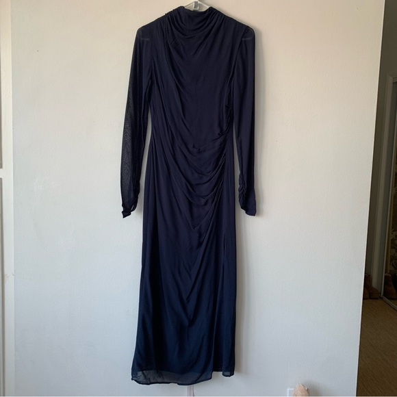 NWT Reformation Tilda High Mock Neck Long Sleeve Slit Maxi Dress Gown Navy Blue - Picture 7 of 14